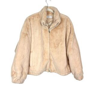 June & Jo Bomber Jacket Womens Cream Faux Fur Plush Full Zip Cropped Long Sleeve